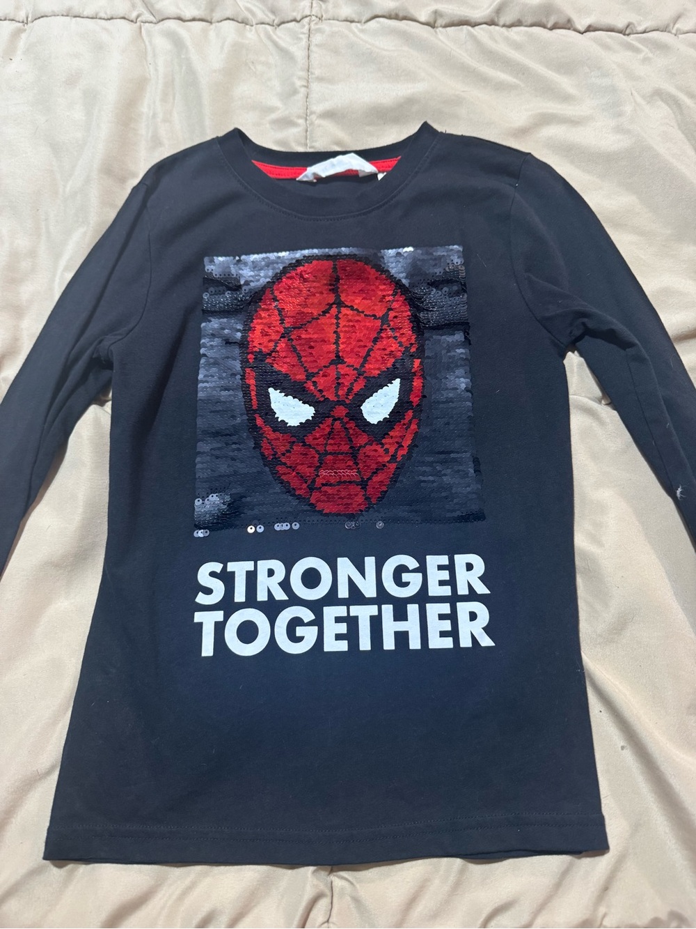 Kids Black Spider-Man or Iron man Sequin Long Sleeve Shirt - Stronger Together